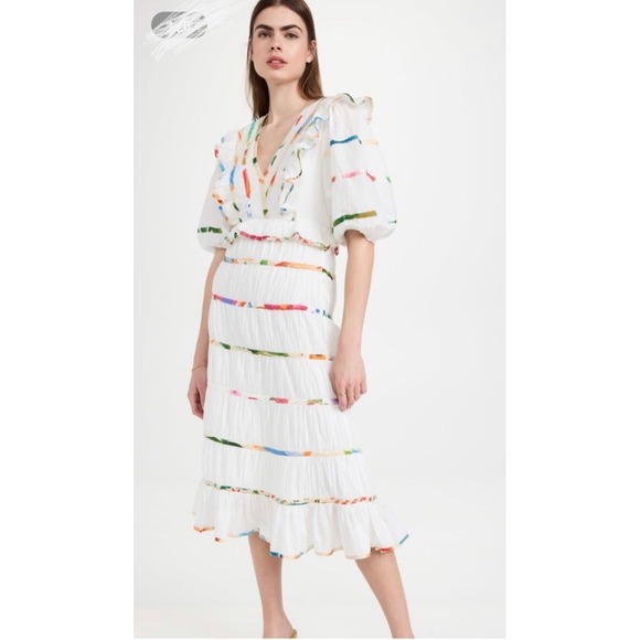 FARM Rio Dresses & Skirts - Farm Rio Mixed Print White Striped Midi Dress V-Neck Ruffle Puff Sleeves XS
